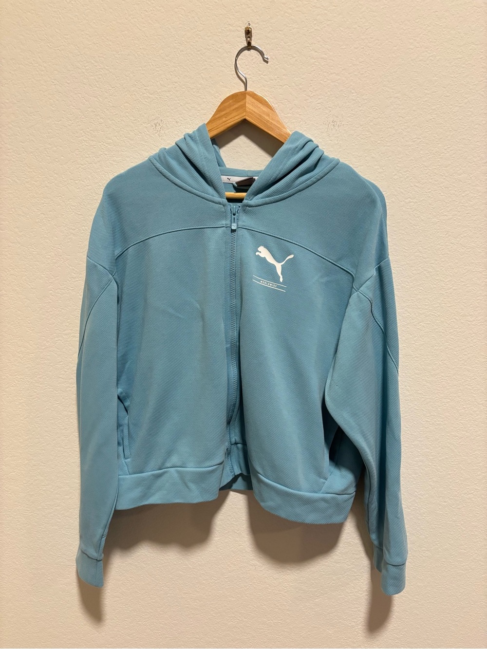 Puma Light Blue Cropped Zip-Up Hoodie w/ leaping cat logo